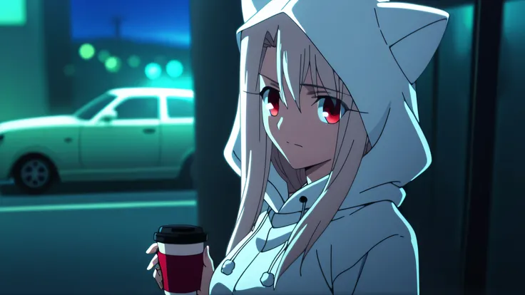 1girl, breasts, closed mouth, drawstring, hair between eyes,  hood, hood up, hoodie, large breasts, long hair, long sleeves, looking to the side, outdoors, red eyes, road, solo, standing, street, taut clothes, very long hair, white hair, white hoodie, illy...