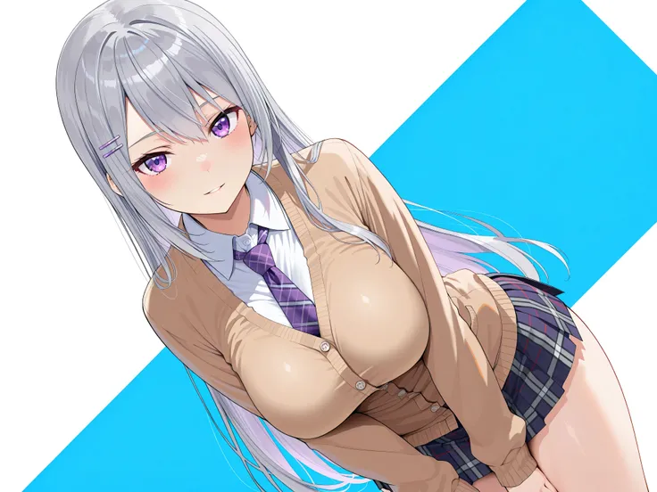 masterpiece,best quality, amazing quality, highres, absurdres, very aesthetic, high resolution, ultra detailed, perfect details,nijikaede,large breasts,purple eye,grey hair,long eyelashes,long hair,hair pin,nijikaedecos,white shirt,purple necktie,plaid nec...