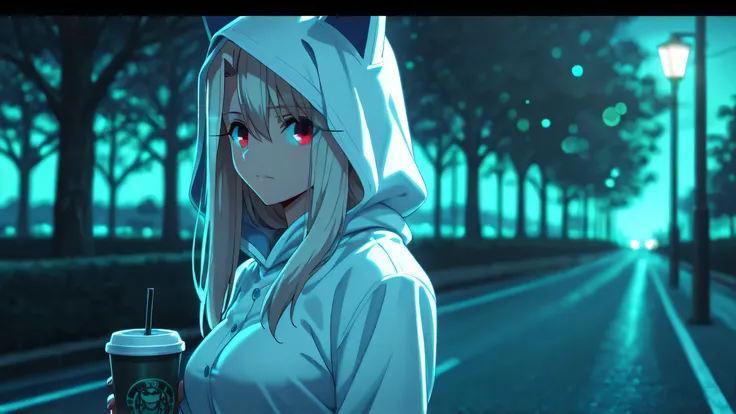 1girl, breasts, closed mouth, hair between eyes,  hood, hood up, hoodie, large breasts, long hair, long sleeves, looking to the side, outdoors, red eyes, road, solo, standing, street, taut clothes, very long hair, white hair, white hoodie, illyasviel von e...