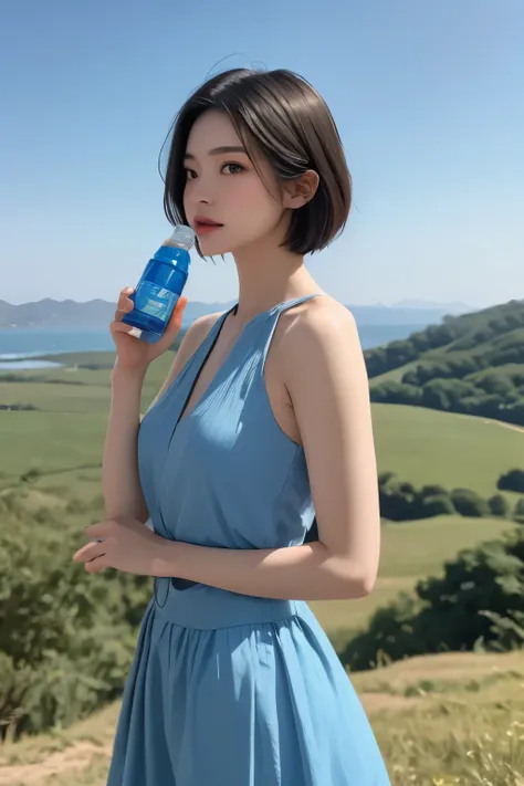 realistic、high image quality、Drink cm、drinking a PET bottle on a cliff、full body shot、blue sky、drinking a PET bottle while putting your hand on your lower back、((Long Shot))、short short hair、((long slant 2.0))、Blue dress、Hair Shakes in the Wind、skirt swing...
