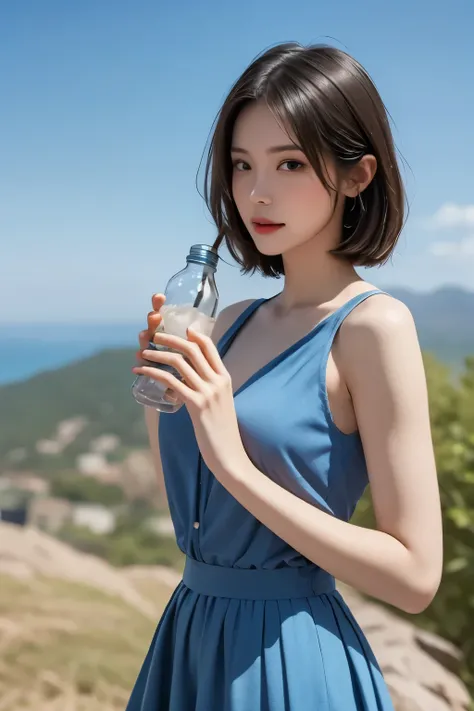 realistic、high image quality、Drink cm、drinking a PET bottle on a cliff、full body shot、blue sky、drinking a PET bottle while putting your hand on your lower back、((Long Shot))、short short hair、((long slant 2.0))、Blue dress、Hair Shakes in the Wind、skirt swing...