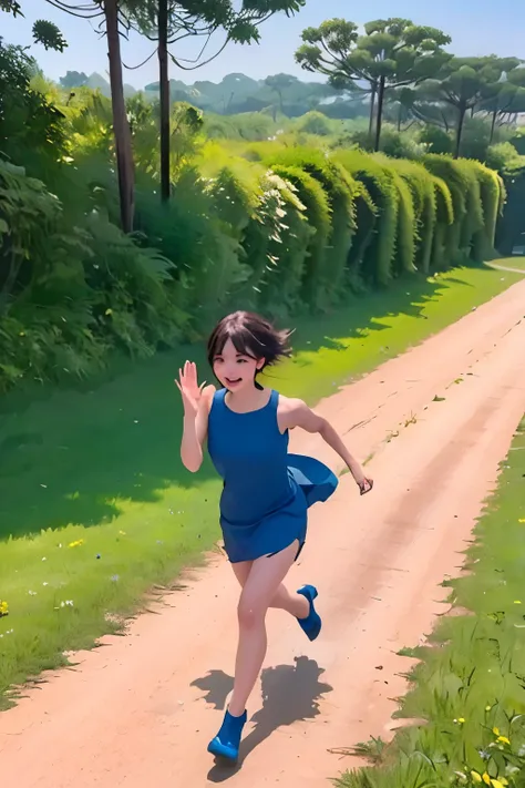 realistic、high image quality、detailed down to the smallest detail、8K、Grassland Slope、Running to their heart's content aiming for the top of the hill、waving their hands and running at full speed、Composition where you can feel a sense of dynamism, realism, a...