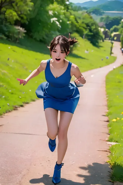 realistic、high image quality、detailed down to the smallest detail、8K、 biologically perfect hands、Grassland Slope、Running to their heart's content aiming for the top of the hill、waving their hands and running at full speed、Composition where you can feel a s...
