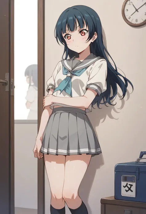 An image of Yoshiko Tsushima, blushed , long hair and a ball in my hair, wearing a sailor's uniform and a short gray skirt with white lines, stop , legs together,  black socks above the knee . standing , room 
