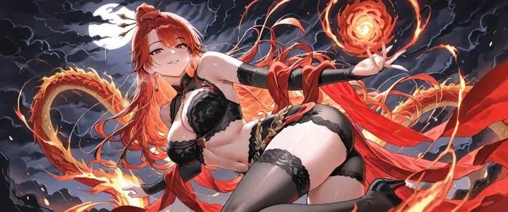A mature, seductive, and powerful female warrior inspired by ancient Chinese mythology, around 16-18 years old.(medium breast). Her presence is both fierce and irresistible, with a sultry expression and an aura of dangerous allure. Her eyes burn with fiery...