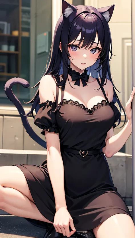 anime girl in a black and purple outfit sitting on a city street, attractive cat girl, beautiful anime catgirl, very beautiful anime cat girl, cute anime catgirl, anime catgirl, anime cat girl in a maid costume, cat girl, beautiful young catgirl, anime gir...