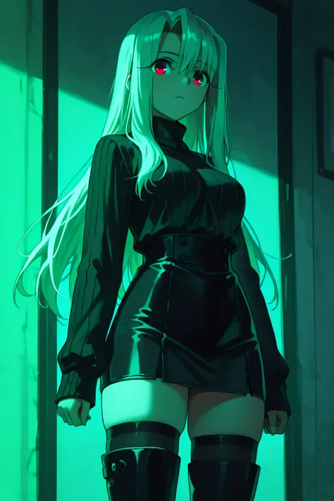 1girl, black skirt, black sweater, black thighhighs, boots, breasts, high-waist skirt, large breasts, long hair, long sleeves, looking at viewer, miniskirt, pencil skirt, red eyes, white hair, ribbed sweater, skindentation, skirt, sleeves past wrists, solo...