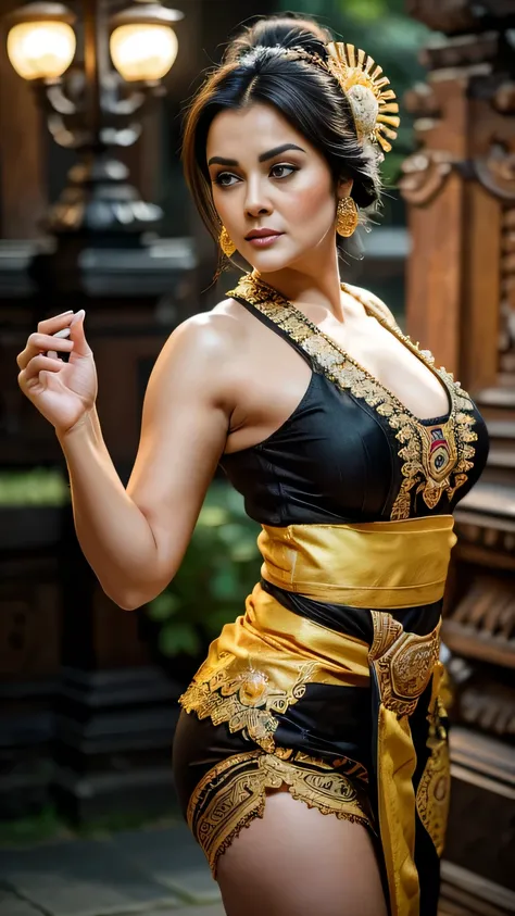 (( top quality)), ((masterpiece)), (detail), heavenly beauty Preity Zinta,perfect facial detail , perfect finger details, black hair,fit curvy body , Beautiful legs,wearing Balinese traditional clothes, dancing traditional Balinese dance, revealing clothes...