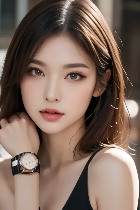 this is a women's watch cm、makes the watch stand out the most、The main watch、elegant woman's elegant women's watch、((pink gold women's watch))、((Close-up 2 on a watch.0))、Bold text in a futuristic font screams: 'Neon Pulse'
