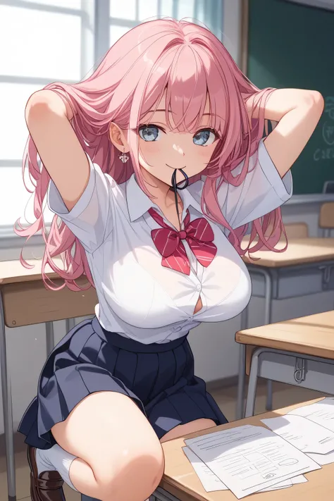 Highest Quality、high resolution、masterpiece、 Exquisite background 、beautiful girl、black hair、Big Breasts、after classの高校の教室 、wooden desk and chair、Slightly opened window 、Spring breeze  、after class、a classroom where soft sunlight shines in、A quiet space wh...