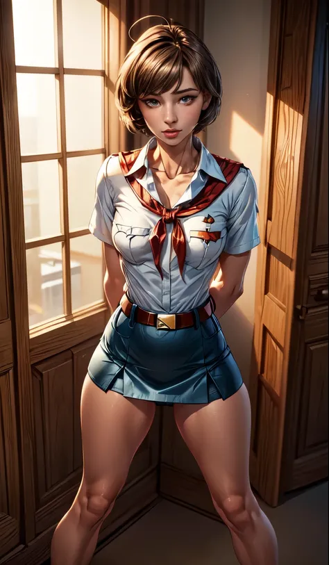 detailed eyes, (full body shot:1.2), 8k, (skinny body:1.2), curvy, (hands behind her back:1.2), seductive pose, (looking at viewer, 8k vector photography, young , beautiful eyes, realistic lighting, detailed outfit, realistic facial features, hyper detail,...