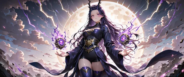 ((masterpiece, best quality, ultra detailed, high resolution, beautiful detailed face, beautiful detailed eyes, perfect hands, 4K)), (young girl, solo), (medium breasts), (masterpiece, ultra-detailed, 4K, cinematic light), Female Raijin, Japanese thunder g...