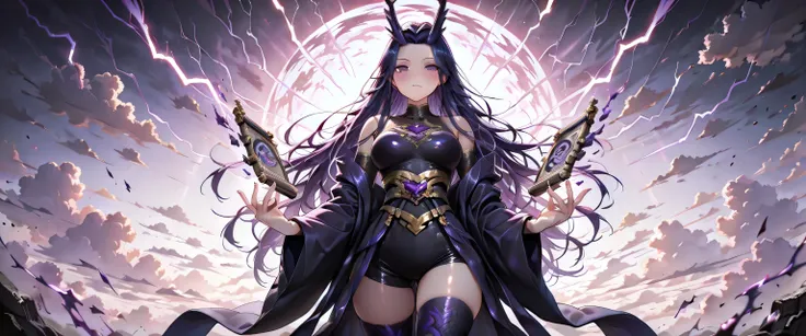 ((masterpiece, best quality, ultra detailed, high resolution, beautiful detailed face, beautiful detailed eyes, perfect hands, 4K)), (young girl, solo), (medium breasts), (masterpiece, ultra-detailed, 4K, cinematic light), Female Raijin, Japanese thunder g...