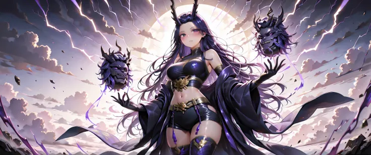 ((masterpiece, best quality, ultra detailed, high resolution, beautiful detailed face, beautiful detailed eyes, perfect hands, 4K)), (young girl, solo), (medium breasts), (masterpiece, ultra-detailed, 4K, cinematic light), Female Raijin, Japanese thunder g...