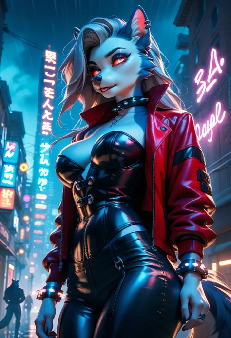 "ANTHRO Loona FEMALE in glowing techwear corset and restraints, standing over a bound male anthro on a neon-lit rooftop, electric cuffs glowing with tension, glowing eyes staring down in control, storm clouds behind her in a moody cyberpunk painterly scene...