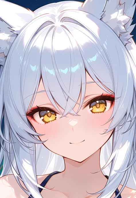 long white hair，fox ears，Smile，upper body，Face Focus， Foxtail ，golden eyes