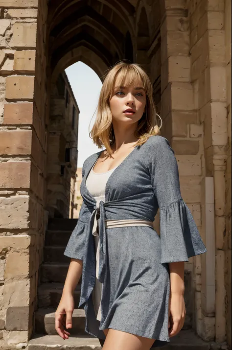 sofiax, solo, Rustic homespun dress in earthy white, made from coarse wool, with a loose smock-like fit, high waistline, and three-quarter length sleeves, Madame, Average Height, Lean, Triangular Face, Tan Skin, Honey Blonde Hair, ice blue Eyes, [[Curved N...