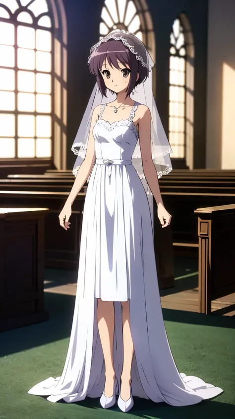 inside church, anime style, 8k, ultra high res, wearing bell Line wedding dress, wedding veil, break, standing, full body shot,
