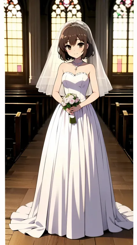 inside church, anime style, 8k, masterpiece, ultra high res, wearing bell Line wedding dress, wedding veil break, standing, full body shot,