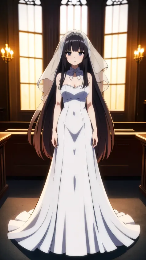 inside church, anime style, 1femail, ultra high res, Best quality, ultra detailed, 8k, wearing bell Line wedding dress, wedding veil, masterpiece, high nose(1:2), large mouth, break straight long hair, dark eyelashes, standing, full body shot,