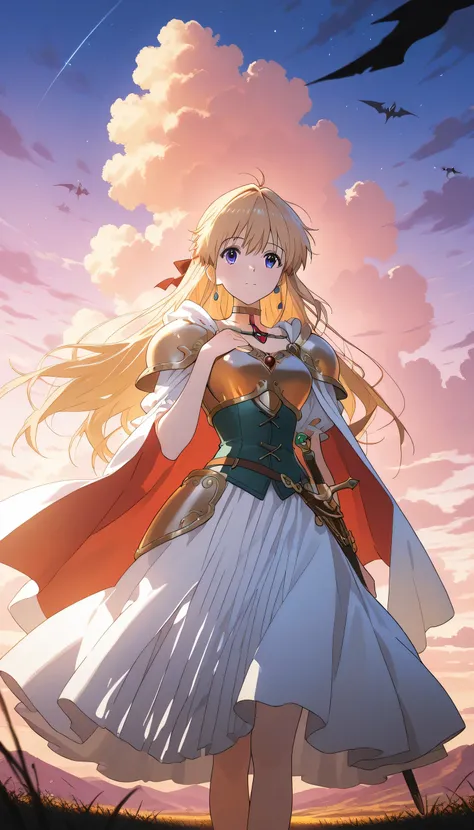 A beautiful blonde anime heroine with sad eyes, standing alone in a vast fantasy landscape at sunset. She wears elegant, slightly worn armor with a flowing cape. Her sword is sheathed. Behind her: glowing meadows, distant mountains, and a magical sky with ...