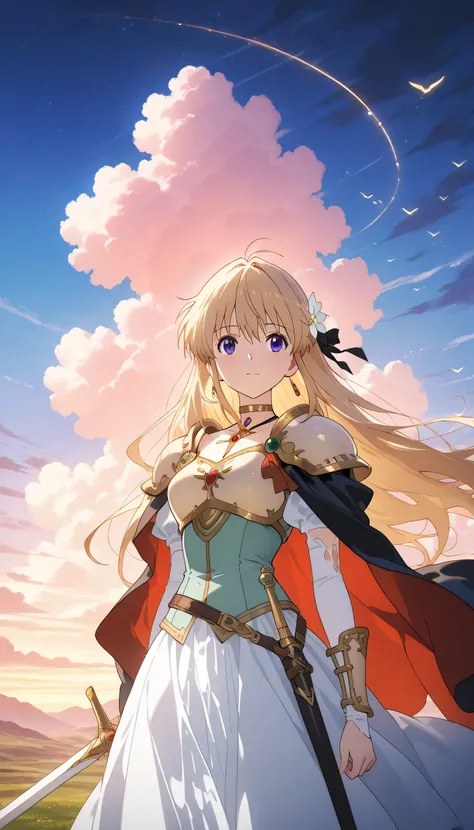 A beautiful blonde anime heroine with sad eyes, standing alone in a vast fantasy landscape at sunset. She wears elegant, slightly worn armor with a flowing cape. Her sword is sheathed. Behind her: glowing meadows, distant mountains, and a magical sky with ...