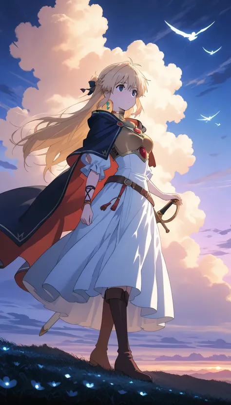 A beautiful blonde anime heroine with sad eyes, standing alone in a vast fantasy landscape at sunset. She wears elegant, slightly worn armor with a flowing cape. Her sword is sheathed. Behind her: glowing meadows, distant mountains, and a magical sky with ...