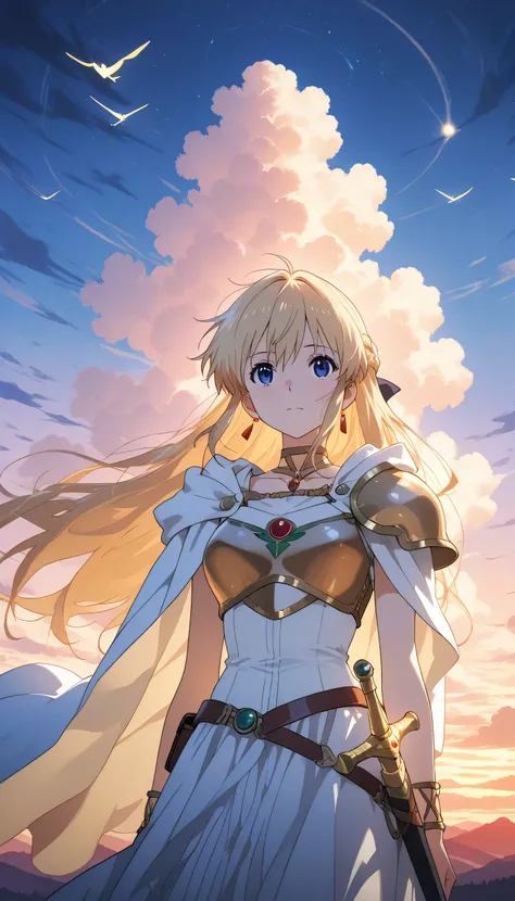 A beautiful blonde anime heroine with sad eyes, standing alone in a vast fantasy landscape at sunset. She wears elegant, slightly worn armor with a flowing cape. Her sword is sheathed. Behind her: glowing meadows, distant mountains, and a magical sky with ...