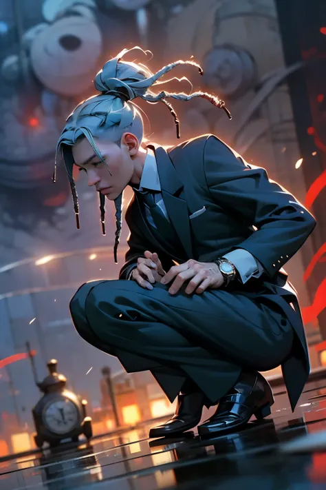 (masterpiece:1.3),(best quality:1.2),8k,absurdres,unity 8k wallpapper,(extremely detailed:1.3),realistic, 1man, alone, delinquent squatting pose, business man black suit and tie, low_angle_human,cloudy gray sky, Shibuya Crossing, empty streets, blurry fore...