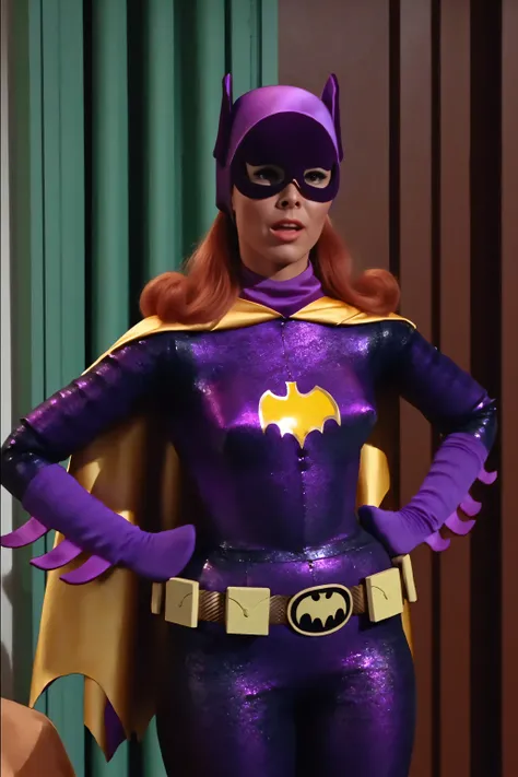 Hot sexy black woman as Batgirl, American woman as Batgirl, Batgirl, 60s Batgirl, retro purple Batgirl costume, big breast, retro red hair, makeup, purple Batgirl gloves, purple and yellow Batgirl cape, full purple Batgirl cowl, purple Batgirl mask, yello...