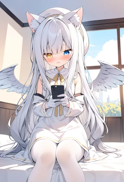 long hair,Silver Hair, girl,Cat ears,alone,Heterochromia(Left blue right yellow),white robe(gold stripes),long white dress,white pantyhose,Western European style, Wings ,room,white gloves,white beret,standing,Long bangs,Blue sky,Contempt,Sole,without shoes...