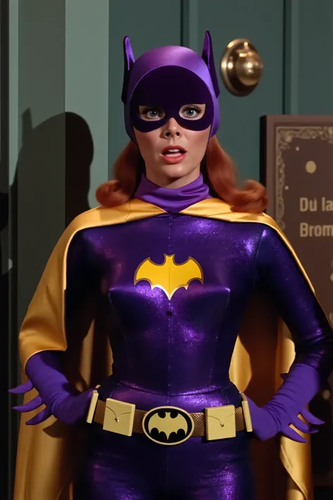 Hot sexy woman as Batgirl,  American woman as Batgirl, Batgirl, 60s Batgirl, retro purple Batgirl costume, big breast, retro red hair, makeup, purple Batgirl gloves, purple and yellow Batgirl cape, full purple Batgirl cowl, purple Batgirl mask, yellow and ...