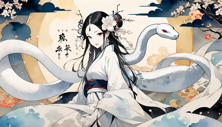 Emphasizes transparency , easand-to-understand characters, "peace" and " happy new year ", Create an image of a white female snake painted in the traditional ink style, merging smoothly with a lightly colored background with watercolors, The white snake ...