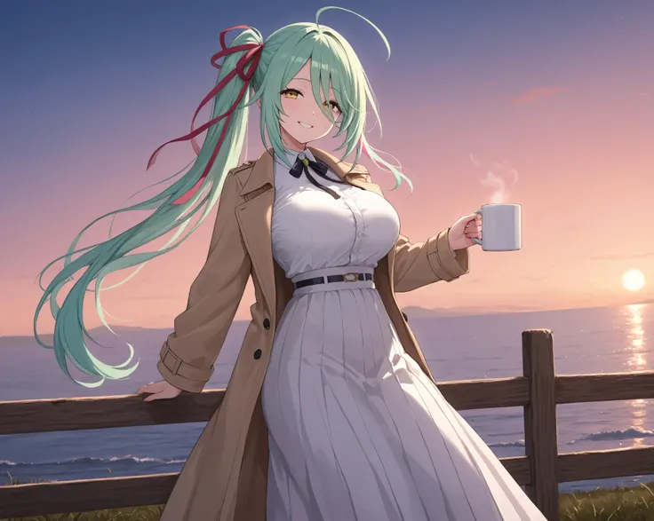 1 girl、side ponytail with emerald colored hair、long skirt with mug、evening、she has an ephemeral smile on a hill with an ocean view、big breasts and a trench coat、Hands on a fence