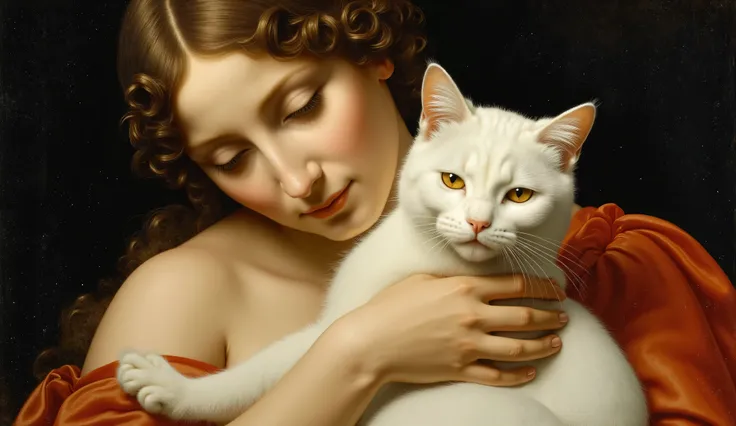 an oil painting of a woman with a white furry cat in the style of Leonardo da Vinci, She embraces the cat and has beautiful and affectionate features. 