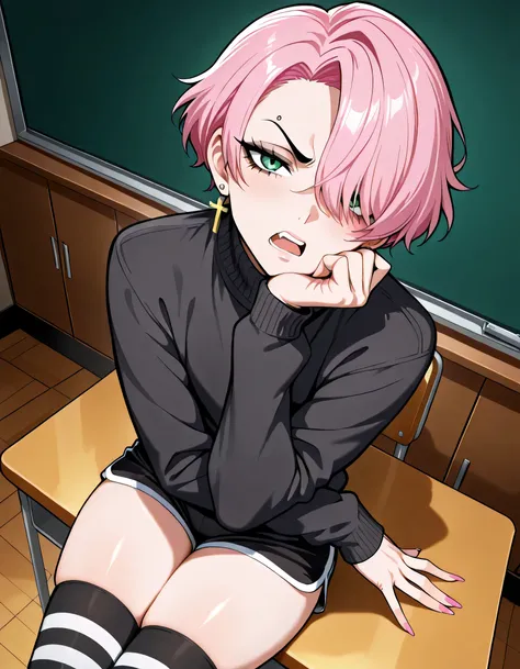 Male, bratty, adult, handsome, short hair, slightly wavy hair, lightly-pink hair, hair over one eye, dark green eyes, skinny, light curvy hips, light curvy thighs, narrow waists, fit ass, flat chest, tall, detailed image, detailed body, detailed classroom,...