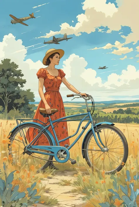 A young woman wearing a women's hat and a red floral dress, standing next to her and holding a vintage blue bicycle in a French vineyard and grassy field, during the 1940s. windy mood. We can see 3 small German warplanes in the high sky, ao longe, ao fundo...