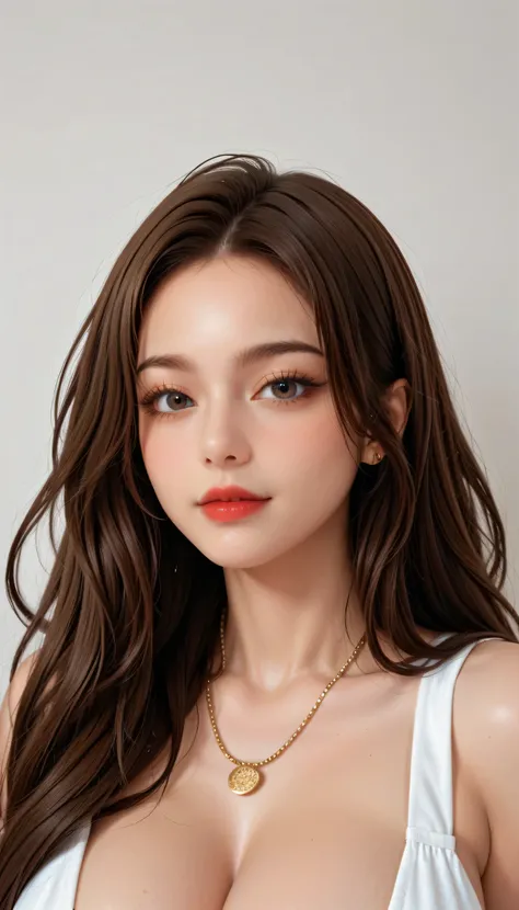 ((masterpiece)), ((best quality)), (ultra-detailed), a pretty woman, 25years old ,solo, beautiful light brown hair, long hair , ((beautiful eyes)), long brown hair, wavy hair, necklace, standing, (((gigantic natural breasts,))) gigantic breasts,(Highly qua...