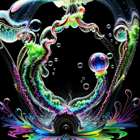 Pure light emerging from vibrant colors in a psychedelic dream, shimmering glass morphing out of colors, detailed patterns in bright colors, perfectly formed symmetrical glass spheres and glowing reflective bubbles, attention to detail on the bubbles and ...