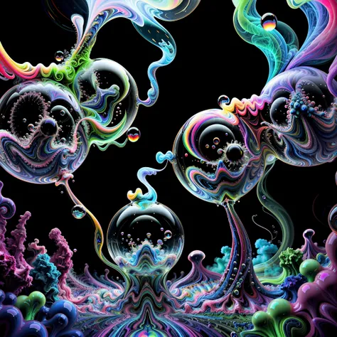 Pure light emerging from vibrant colors in a psychedelic dream, shimmering glass morphing out of colors, tripped out detailed patterns in all colors, perfectly formed symmetrical spheres and glowing reflective bubbles, attention to detail on the bubbles a...