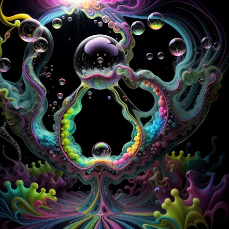 Pure light emerging from vibrant colors in a psychedelic dream, shimmering glass morphing out of colors, tripped out detailed patterns in all colors, perfectly formed symmetrical spheres and glowing reflective bubbles, attention to detail on the bubbles a...
