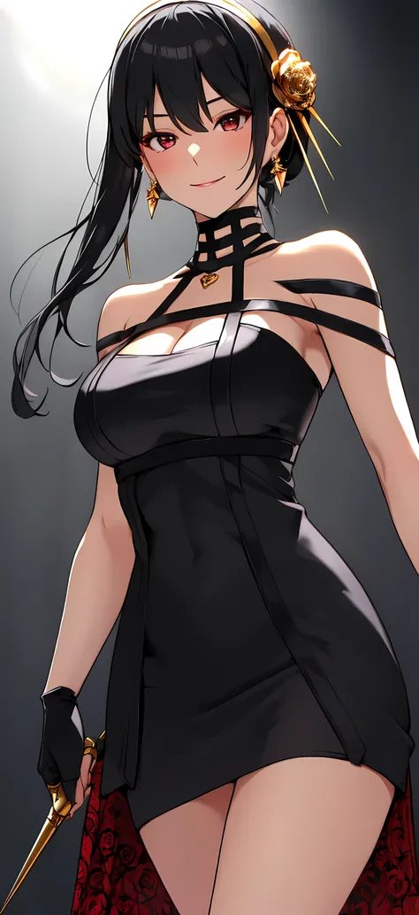 yor briar, anime style beutiful woman, 1girl, happy, smile, red face, closed mouth, beautiful detailed eyes, super detailed skin, backlighting, bare shoulders, black background, black dress, black gloves, black hair, breasts, dress, earrings, fingerless gl...