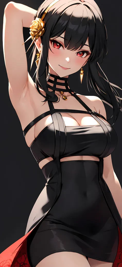 yor briar, anime style beutiful woman, 1girl, happy, smile, red face, closed mouth, beautiful detailed eyes, super detailed skin, backlighting, bare shoulders, black background, black dress, black gloves, black hair, breasts, dress, earrings, fingerless gl...
