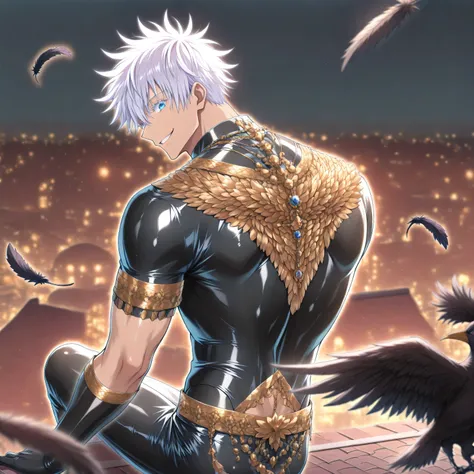 BREAK1man, gojou satoru /(jujustu kaisen/), detailed eyes, blue eyes, white hair, white undercut. short hair, detailed eyelashes, colored eyelashes, sexy man, trained body, muscular, handsome, cool, mature man, upper body, (dark theme :1.3) ,black gloves, ...