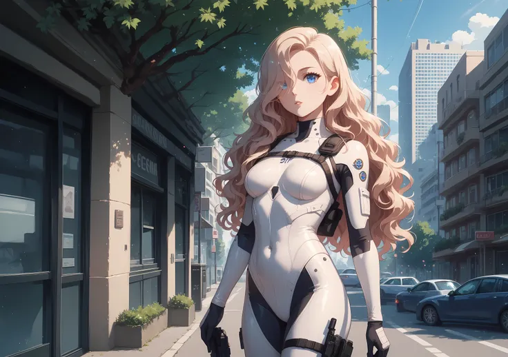 long wavy hair, hair swept round over one shoulder to the front and cover one eye, hair colour brown, blue eyes, tight tactical combat bodysuit, white bodysuit colour, black silk ribbons completely wrapping down each arm over bodysuit, natural relaxed body...