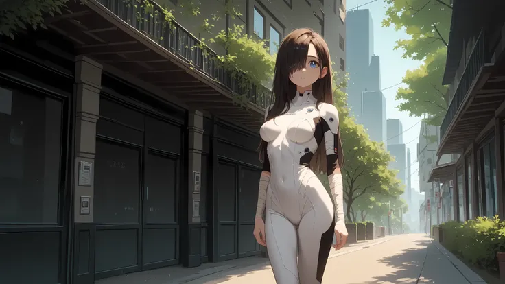1 girl, young adult, mid large size natural breasts, prefect ass, mid length long hair just past shoulder in length, hair over one shoulder down front side covering one eye, hair colour dark brown, blue eyes, tight tactical combat bodysuit, white bodysuit ...