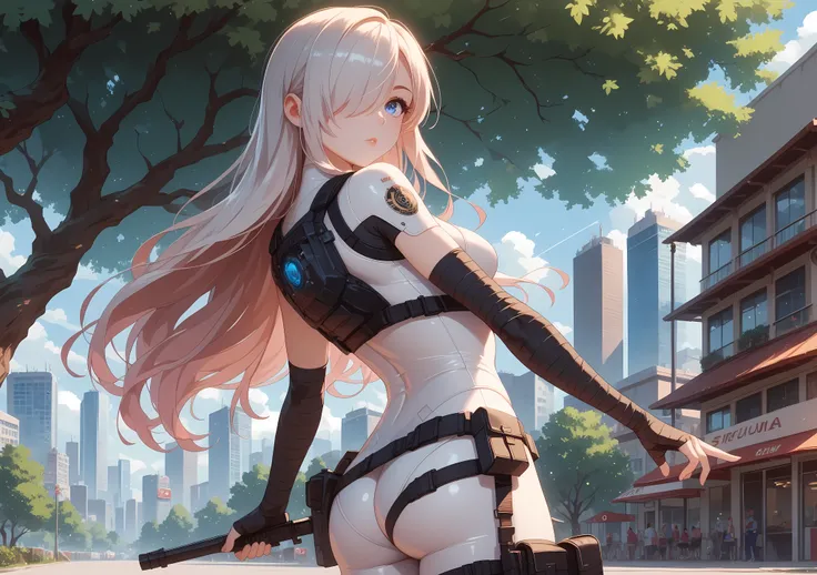 1 girl, young adult, mid large size natural breasts, prefect ass, mid length long hair just past shoulder in length, hair over one shoulder down front side covering one eye, hair colour dark brown, blue eyes, tight tactical combat bodysuit, white bodysuit ...