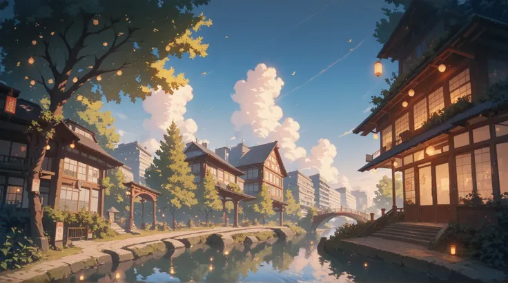 urban background with buildings and trees, river with bridge left of path viewer is on, lanterns, low setting sun, light casting defined shadows, relaxed atmosphere, Highest detail, masterpiece, high resolution, relaxing.