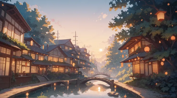urban background with buildings and trees, river with bridge left of path viewer is on, lanterns, low setting sun, light casting defined shadows, relaxed atmosphere, Highest detail, masterpiece, high resolution, relaxing.
