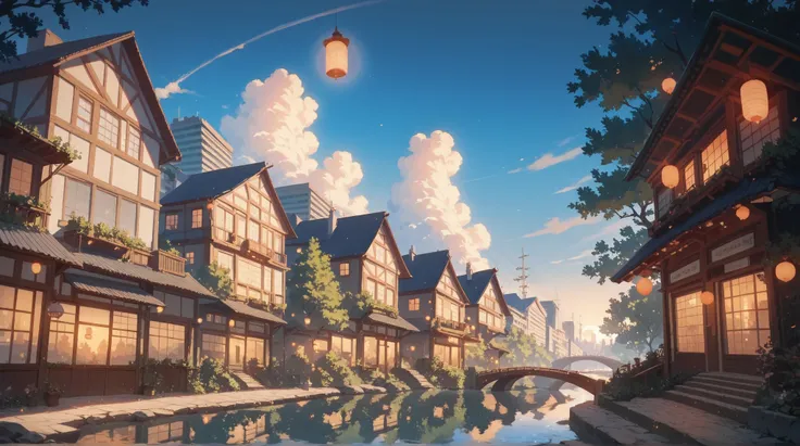 urban background with buildings and trees, river with bridge, lanterns, sun setting, light casting defined shadows, relaxed atmosphere, Highest detail, masterpiece, high resolution.